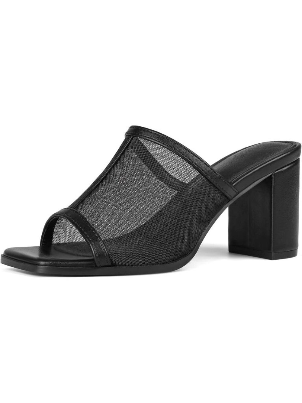 Woman's Black Mesh Sandals Chunky Heels Mules Comfort Backless Casual
